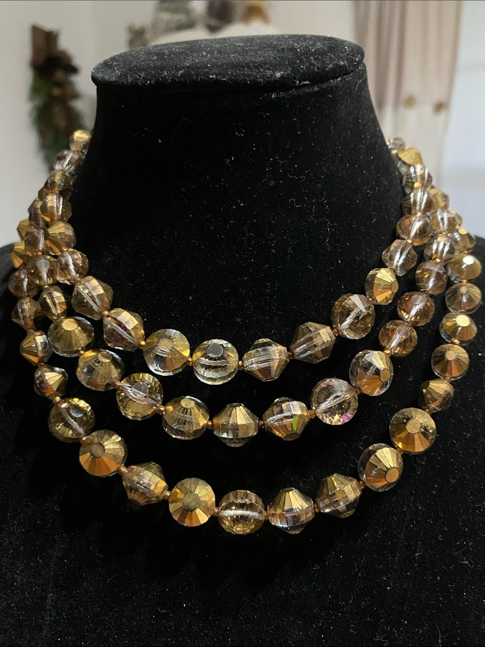 VTG Three-Strand Gold Faceted Crystal Necklace